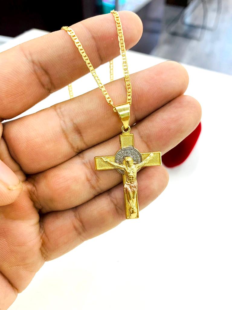 14K Gold Filled Jesus Cross Necklace Pendant Mariner Chain Saint Benedict Cross Charm