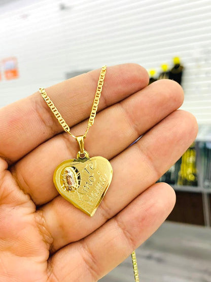 Virgen de Guadalupe Pendant Necklace 20" Heart Yellow Gold Filled I Love You Charm 24x22 Mothers Day Gift