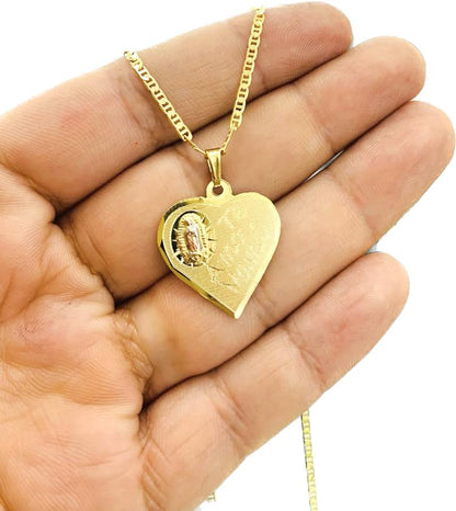 Virgen de Guadalupe Pendant Necklace 20" Heart Yellow Gold Filled I Love You Charm 24x22 Mothers Day Gift