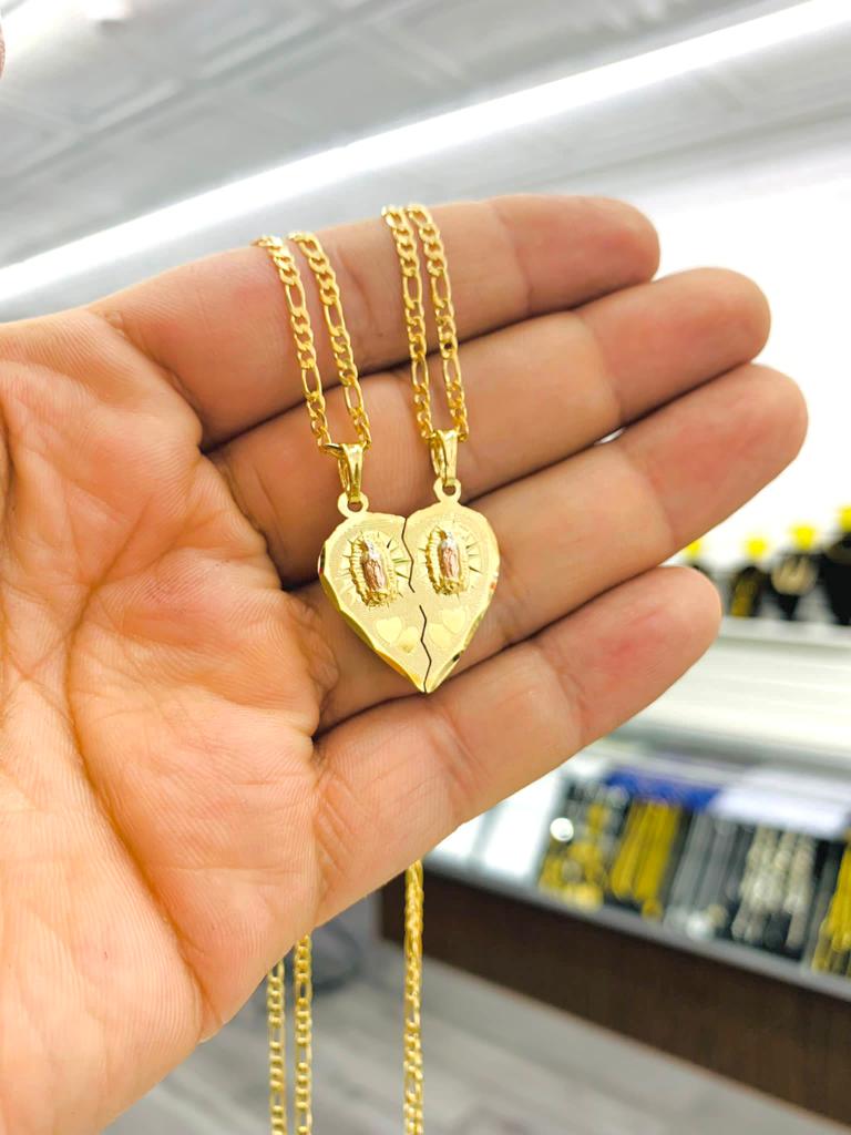 Yellow Gold Filled Virgen de Guadalupe Necklace Heart Pendant 24x22 Fashion Womens Protection Jewelry