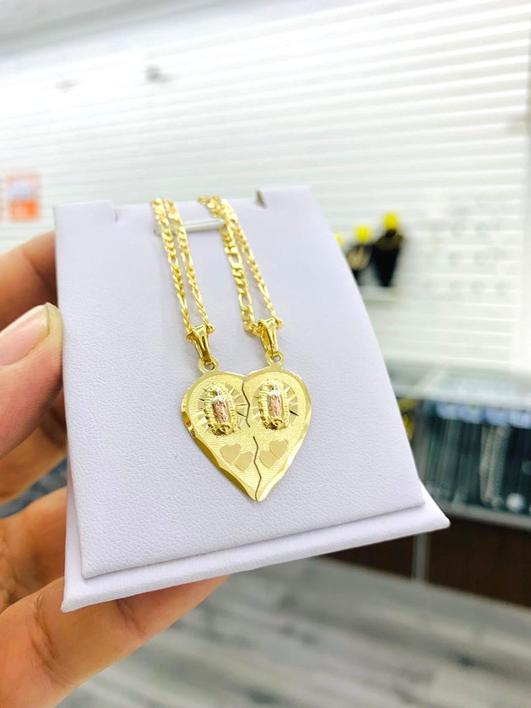 Yellow Gold Filled Virgen de Guadalupe Necklace Heart Pendant 24x22 Fashion Womens Protection Jewelry