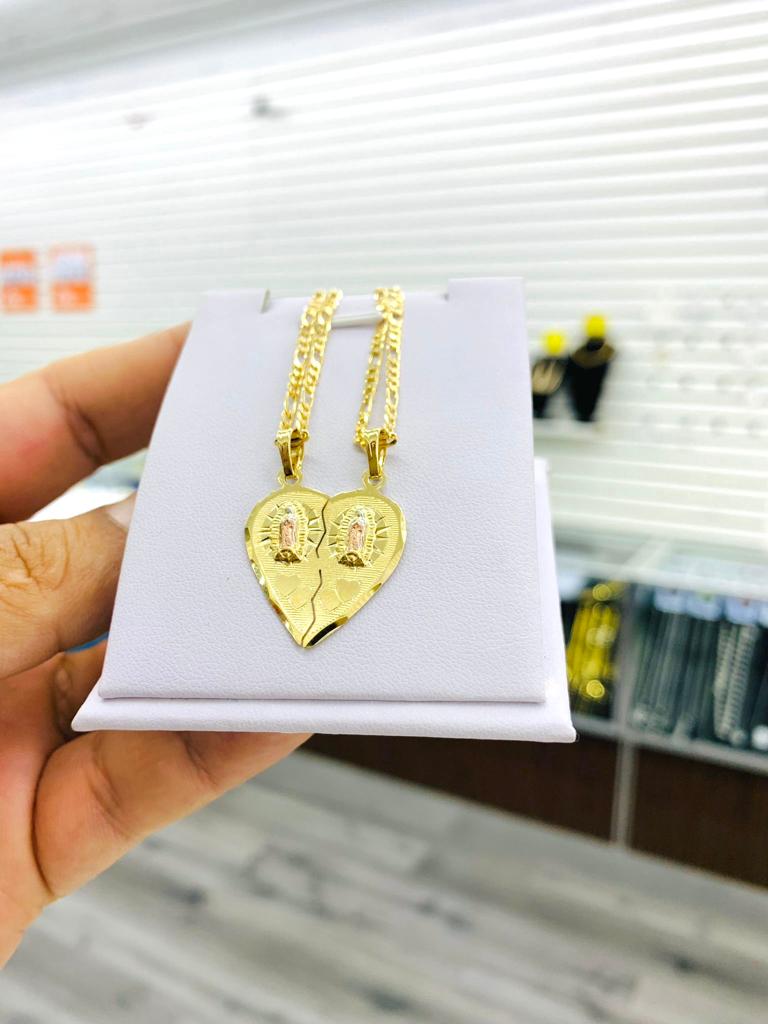 Yellow Gold Filled Virgen de Guadalupe Necklace Heart Pendant 24x22 Fashion Womens Protection Jewelry