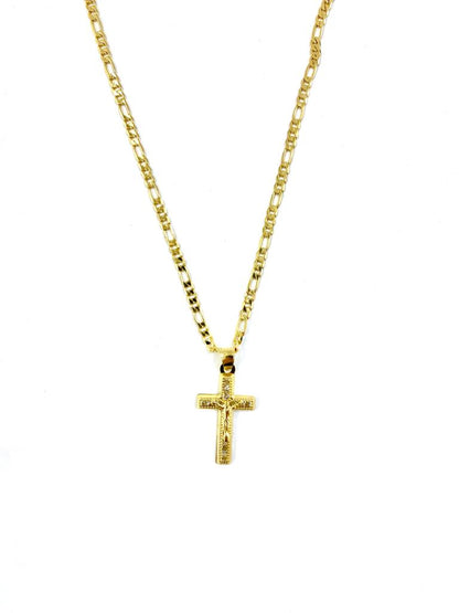 CZ Cross Pendant Charm Necklace Figaro Chain 24x14mm Jesus Christ Religious Medal Protection