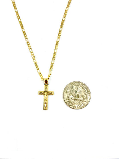 CZ Cross Pendant Charm Necklace Figaro Chain 24x14mm Jesus Christ Religious Medal Protection