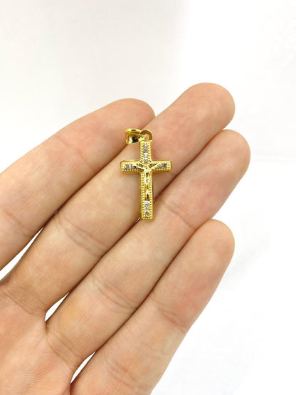 CZ Cross Pendant Charm Necklace Figaro Chain 24x14mm Jesus Christ Religious Medal Protection