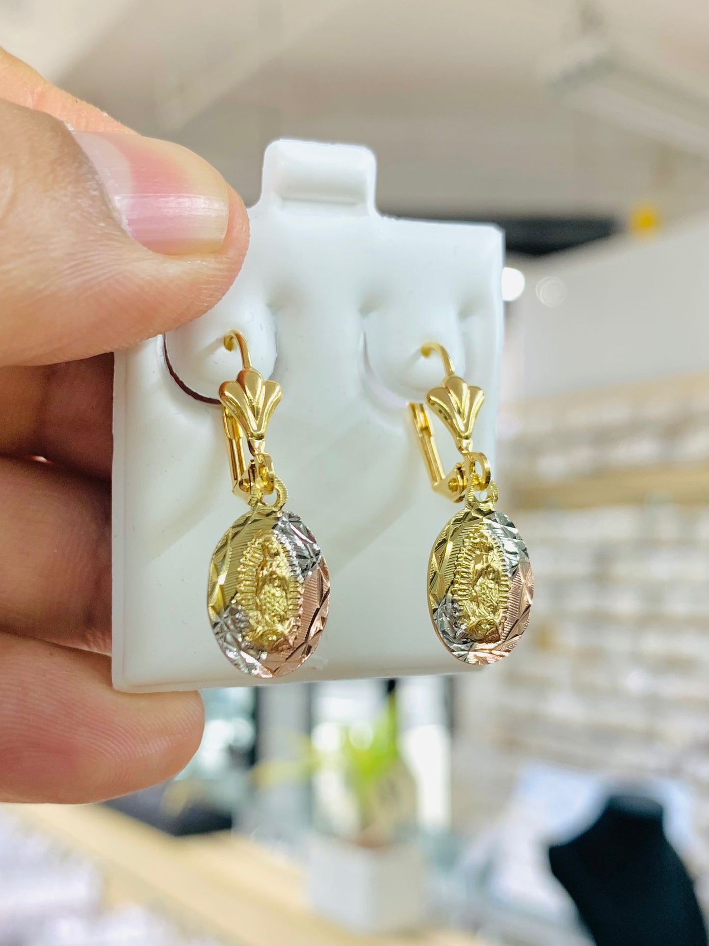 Tri color Virgen de Guadalupe Earrings Lever Back Gold Filled Ear Piercing Protection Jewelry Dangle Earrings 14x8mm