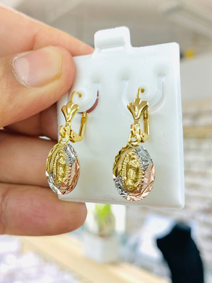 Tri color Virgen de Guadalupe Earrings Lever Back Gold Filled Ear Piercing Protection Jewelry Dangle Earrings 14x8mm