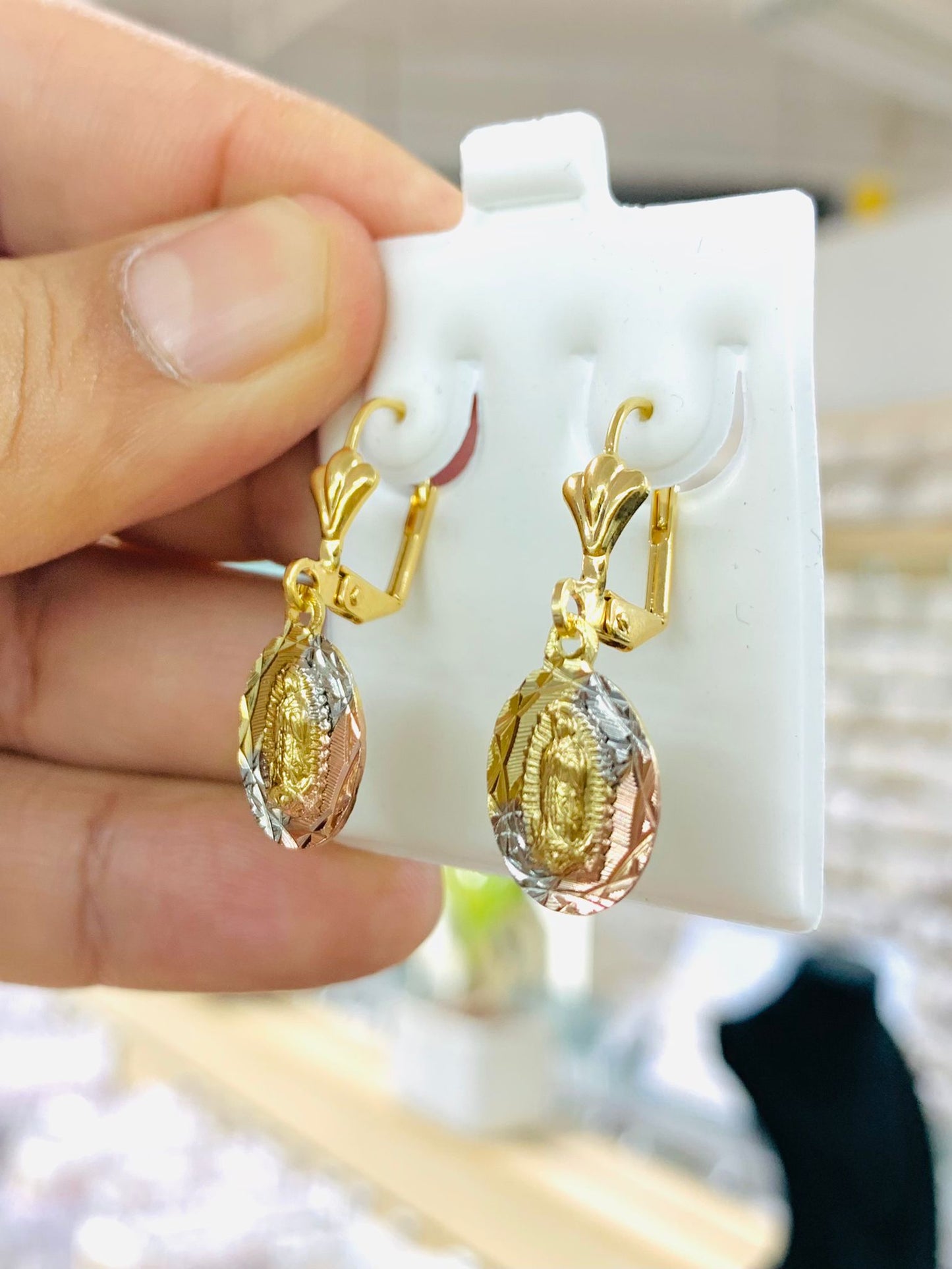 Tri color Virgen de Guadalupe Earrings Lever Back Gold Filled Ear Piercing Protection Jewelry Dangle Earrings 14x8mm