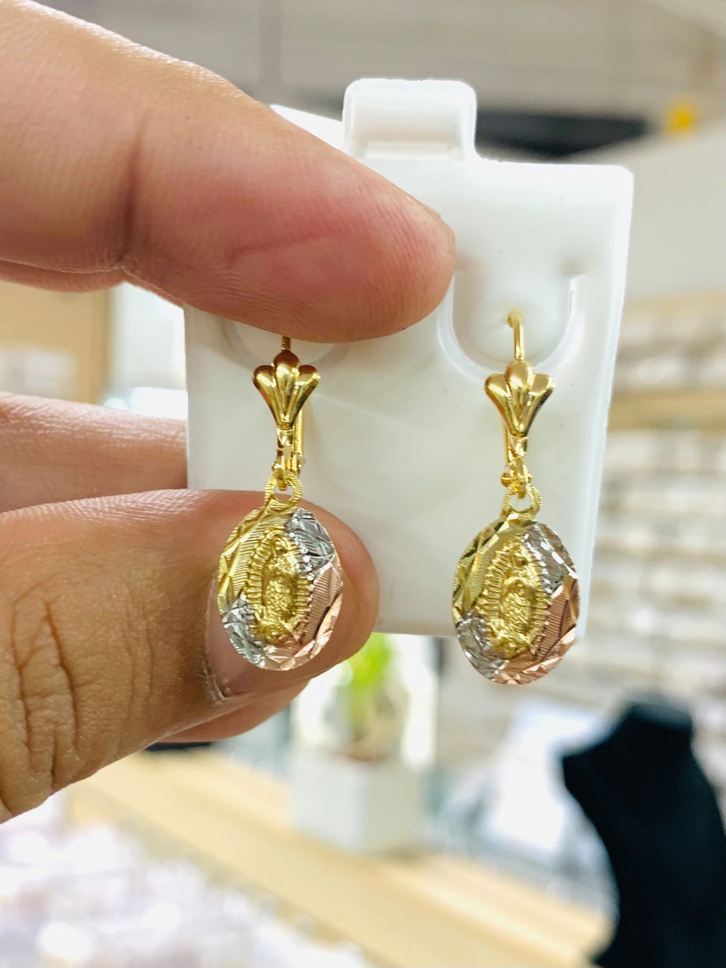 Tri color Virgen de Guadalupe Earrings Lever Back Gold Filled Ear Piercing Protection Jewelry Dangle Earrings 14x8mm