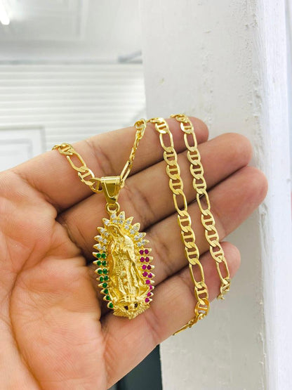 14K Gold Filled Virgen de Guadalupe Necklace Chram CZ Mexican Color Protection Religious Jewelry 24"