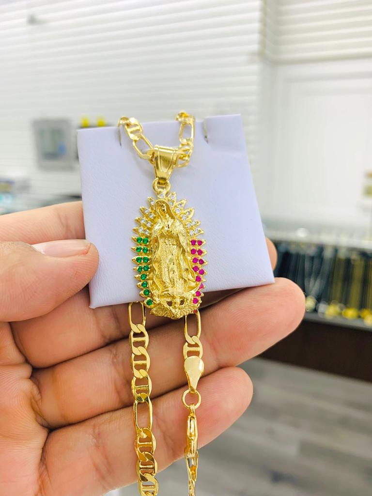 14K Gold Filled Virgen de Guadalupe Necklace Chram CZ Mexican Color Protection Religious Jewelry 24"