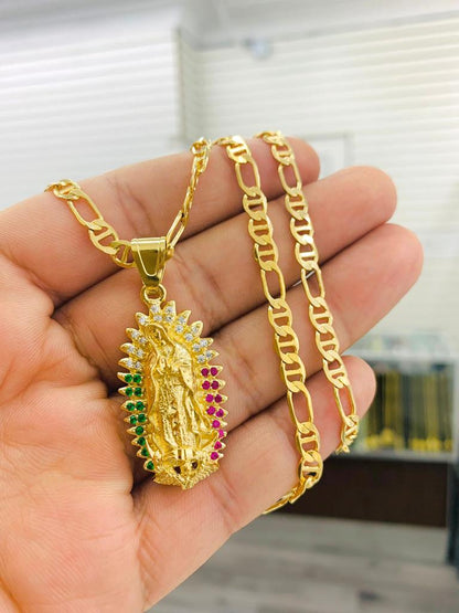 14K Gold Filled Virgen de Guadalupe Necklace Chram CZ Mexican Color Protection Religious Jewelry 24"