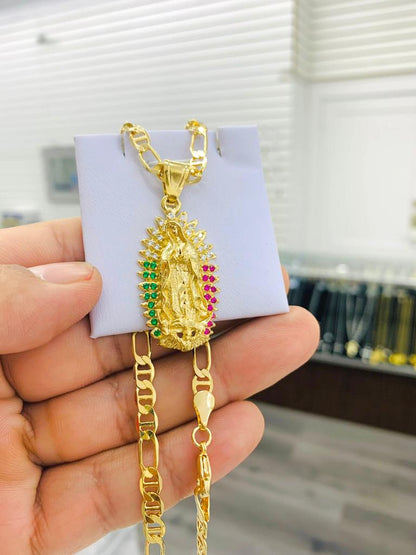 14K Gold Filled Virgen de Guadalupe Necklace Chram CZ Mexican Color Protection Religious Jewelry 24"