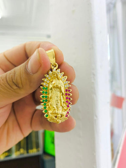 14K Gold Filled Virgen de Guadalupe Necklace Chram CZ Mexican Color Protection Religious Jewelry 24"