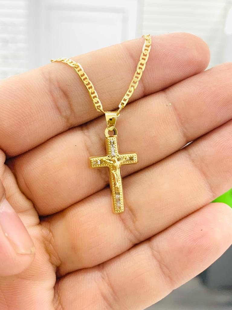 Newborn Baby Kids Childrens Boys Girls Cross Pendant Necklace 14K Gold Filled Protection Religious 14" Mariner Chain