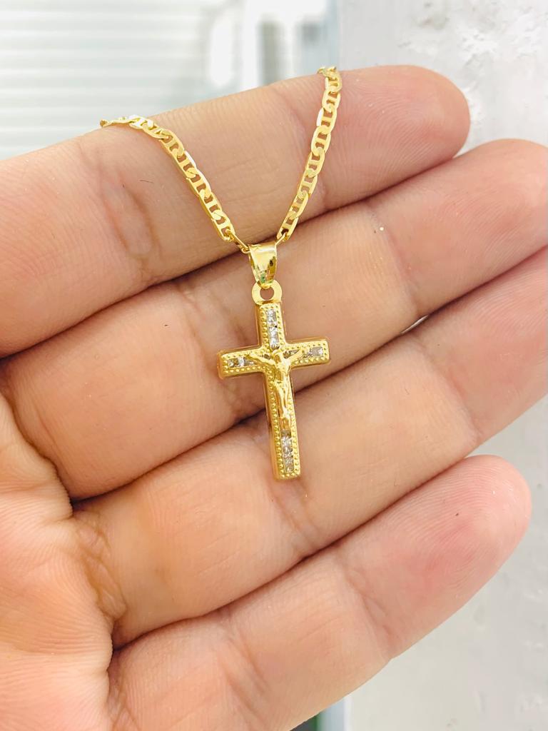 Newborn Baby Kids Childrens Boys Girls Cross Pendant Necklace 14K Gold Filled Protection Religious 14" Mariner Chain