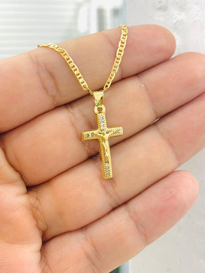 Cross CZ Pendant necklace Kids Mens Womens Charm Protection Religious Jewelry 24x14mm Mariner Chain