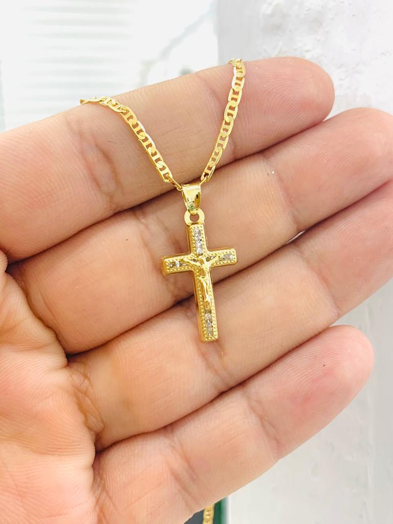 Newborn Baby Kids Childrens Boys Girls Cross Pendant Necklace 14K Gold Filled Protection Religious 14" Mariner Chain