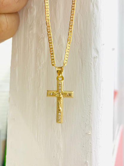 Newborn Baby Kids Childrens Boys Girls Cross Pendant Necklace 14K Gold Filled Protection Religious 14" Mariner Chain