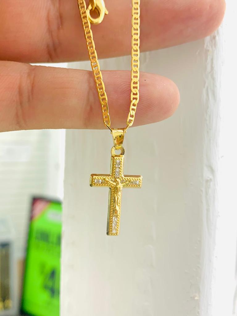 Newborn Baby Kids Childrens Boys Girls Cross Pendant Necklace 14K Gold Filled Protection Religious 14" Mariner Chain