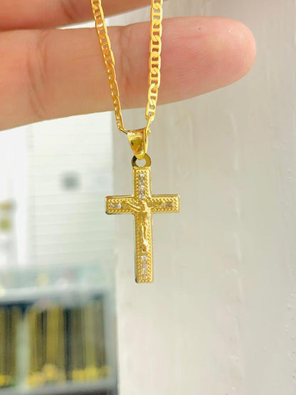 Newborn Baby Kids Childrens Boys Girls Cross Pendant Necklace 14K Gold Filled Protection Religious 14" Mariner Chain