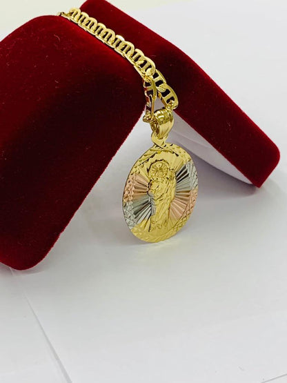 Tri Color Diamond Cut Saint Jude Pendant Necklace Religious Jewelry Protection Mens Womens Gold Filled