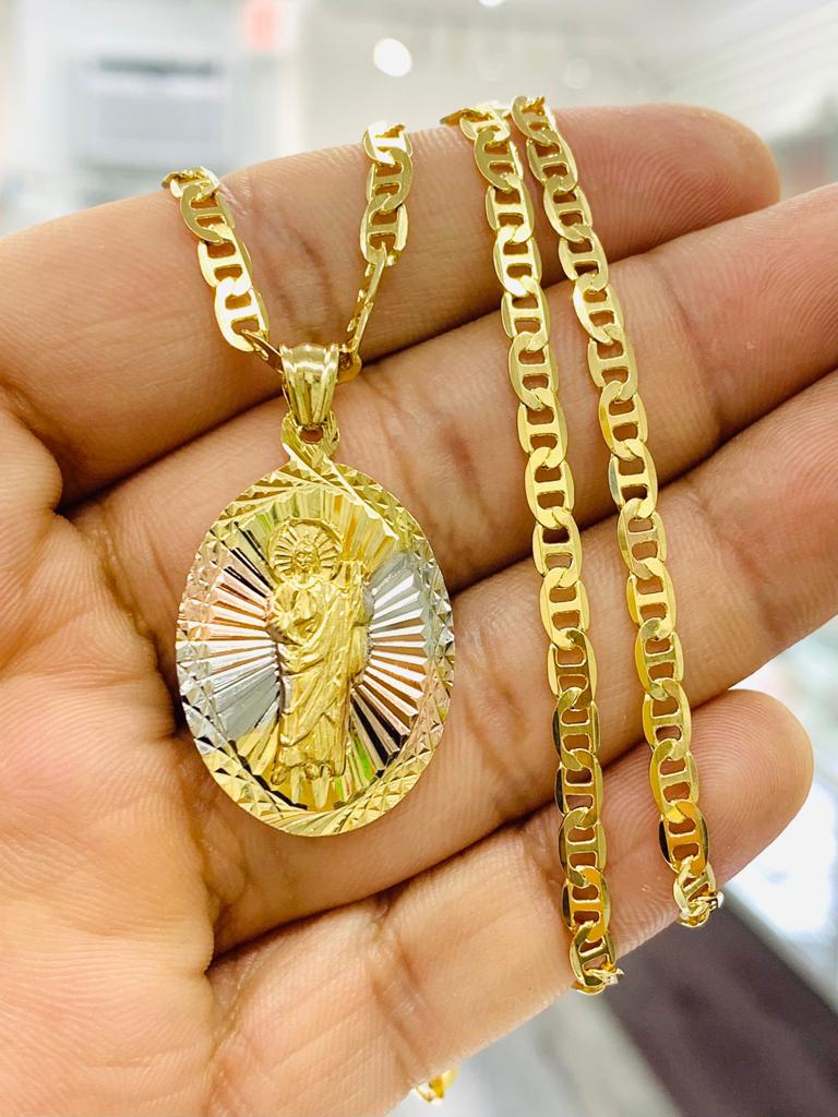 Tri Color Diamond Cut Saint Jude Pendant Necklace Religious Jewelry Protection Mens Womens Gold Filled