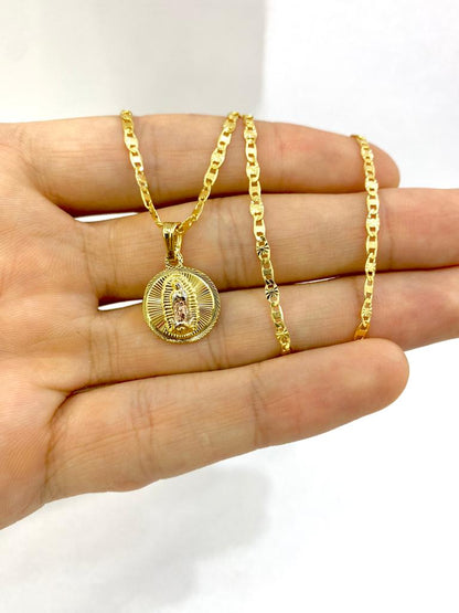 14K Gold Filled Virgen de Guadalupe Round Charm Pendant Necklace 18x15 Religious Women's Baby Kids