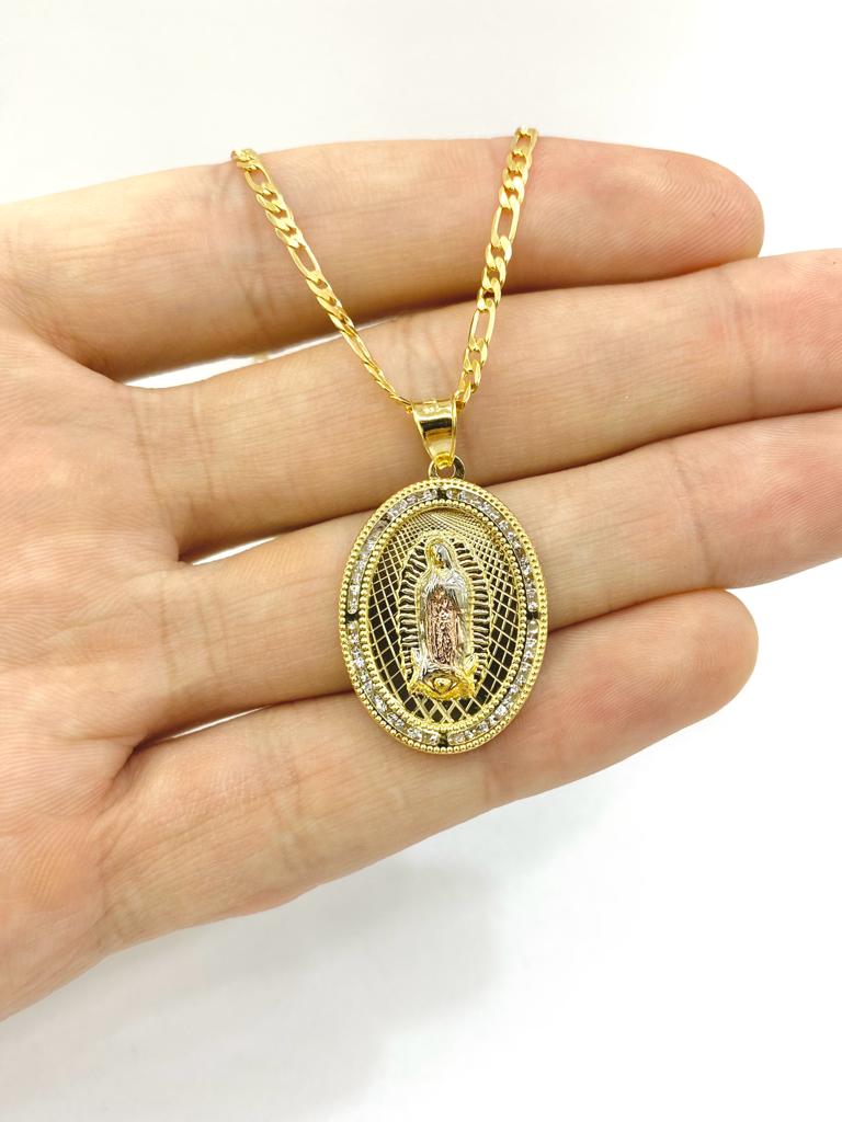 14K Gold Filled Virgen de Guadalupe Pendant Necklace CZ Charm Religious Jewelry Women's Figaro 20"