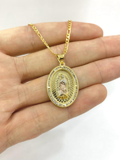 14K Gold Filled Virgen de Guadalupe Pendant Necklace CZ Charm Religious Jewelry Women's Figaro 20"