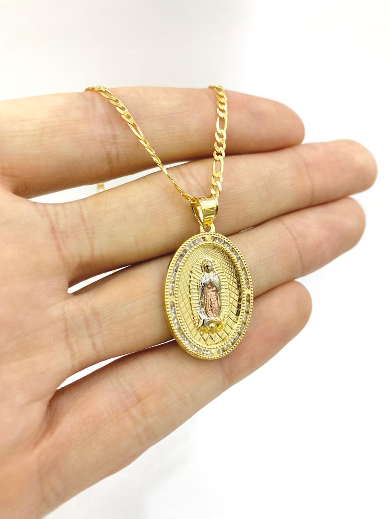 14K Gold Filled Virgen de Guadalupe Pendant Necklace CZ Charm Religious Jewelry Women's Figaro 20"