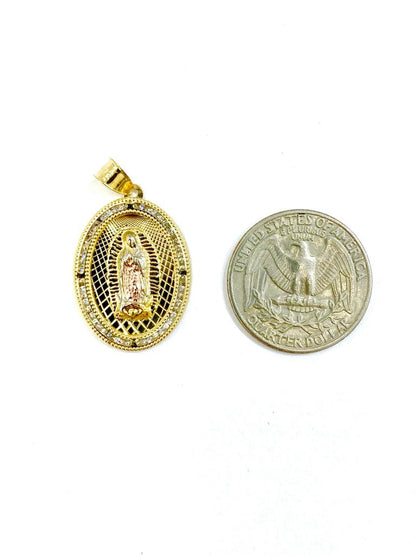 14K Gold Filled Virgen de Guadalupe Pendant Necklace CZ Charm Religious Jewelry Women's Figaro 20"