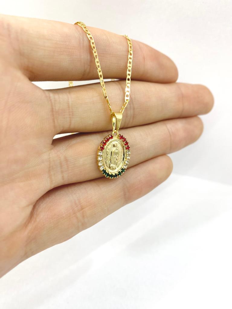 CZ Small Virgen de Guadalupe Necklace Religious Charm Fashion Mariner Chain 14" Newborn Baby Baptism