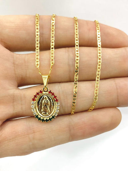 CZ Small Virgen de Guadalupe Necklace Religious Charm Fashion Mariner Chain 14" Newborn Baby Baptism