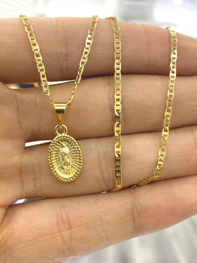 14K Yellow Gold Filled Virgen de Guadalupe Necklace 14x8mm / Cadena y Dije de la Virgencita de Guadalupe