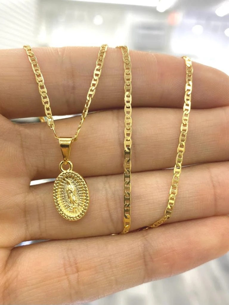 14K Yellow Gold Filled Virgen de Guadalupe Necklace 14x8mm / Cadena y Dije de la Virgencita de Guadalupe