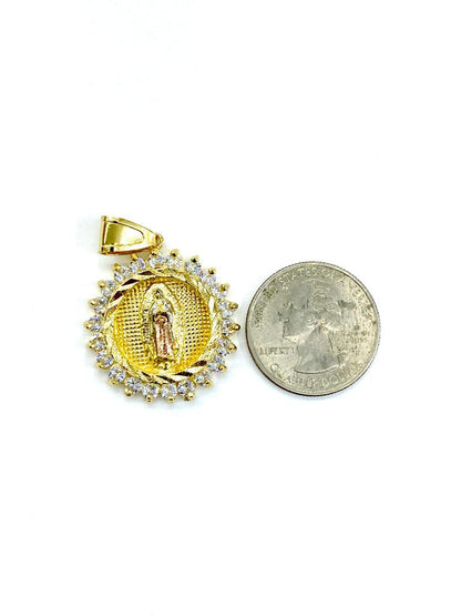 Virgen de Guadalupe Necklace Pendant in 14K Gold Filled for Womens Mens CZ 24" 30x28mm