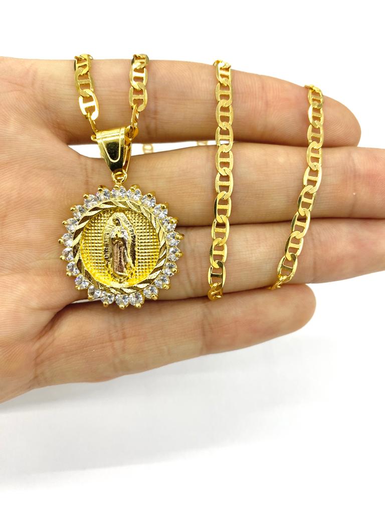 Virgen de Guadalupe Necklace Pendant in 14K Gold Filled for Womens Mens CZ 24" 30x28mm