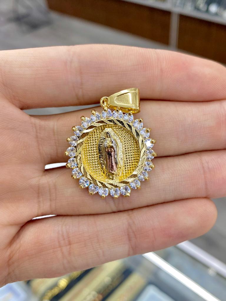 14K Gold Filled Virgen de Guadalupe Pendant Charm CZ 30x28mm Unisex Catholics Jewelry