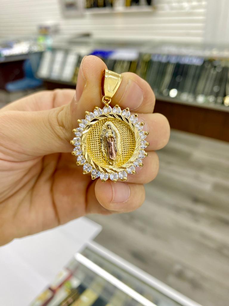14K Gold Filled Virgen de Guadalupe Pendant Charm CZ 30x28mm Unisex Catholics Jewelry