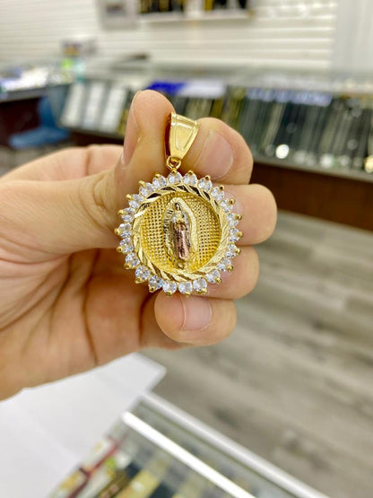 14K Gold Filled Virgen de Guadalupe Pendant Charm CZ 30x28mm Unisex Catholics Jewelry