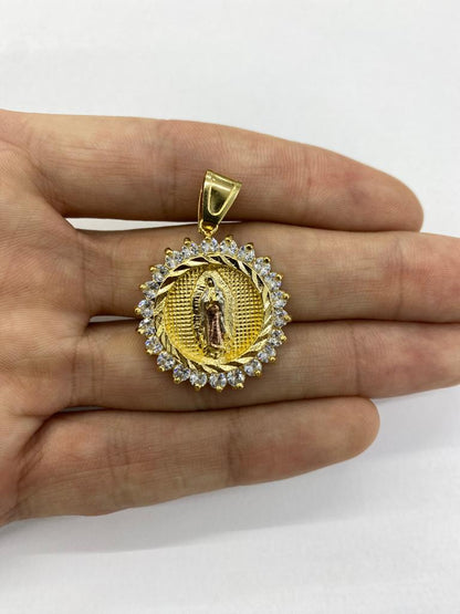 Virgen de Guadalupe Necklace Pendant in 14K Gold Filled for Womens Mens CZ 24" 30x28mm