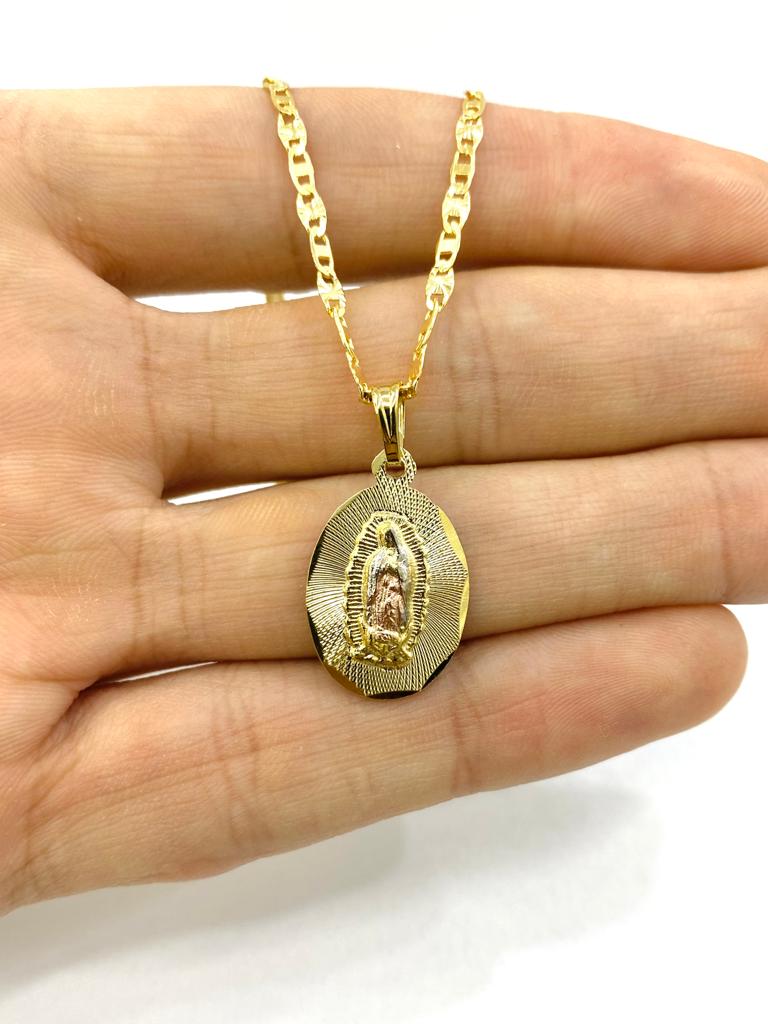 14K Tri Color Gold Filled Virgen de Guadalupe Necklace Charm Religious Jewelry Unisex 22x14mm