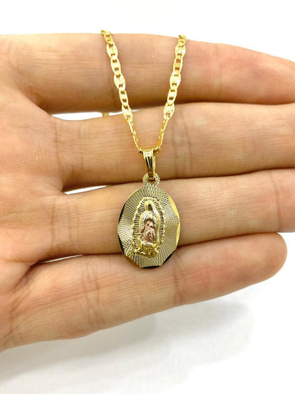 14K Tri Color Gold Filled Virgen de Guadalupe Necklace Charm Religious Jewelry Unisex 22x14mm