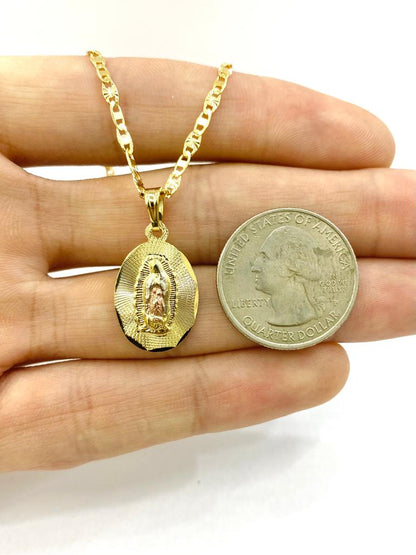 14K Tri Color Gold Filled Virgen de Guadalupe Necklace Charm Religious Jewelry Unisex 22x14mm