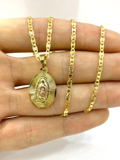 14K Tri Color Gold Filled Virgen de Guadalupe Necklace Charm Religious Jewelry Unisex 22x14mm