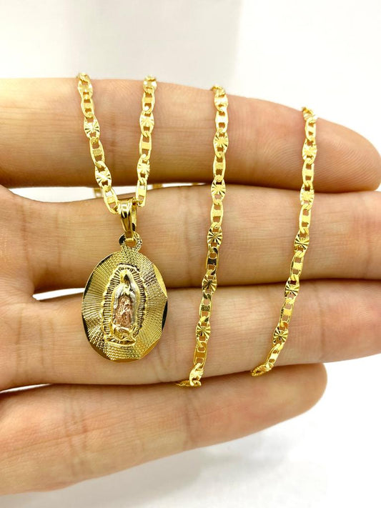 14K Tri Color Gold Filled Virgen de Guadalupe Necklace Charm Religious Jewelry Unisex 22x14mm