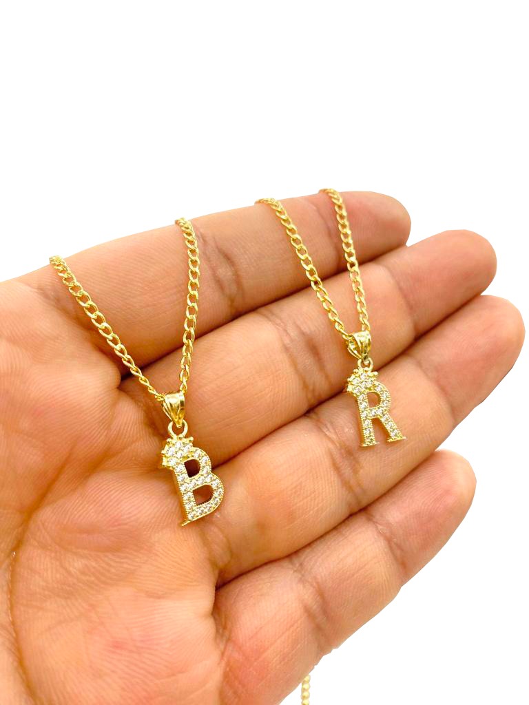 14K Yellow Gold CZ Initials Letters Pendant Charm Necklace Cuban Chain Baby Kids Jewelry Nameplate