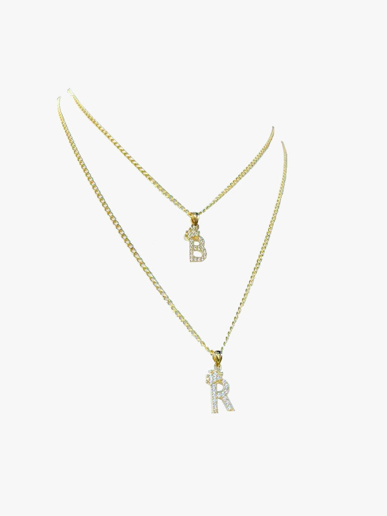 14K Yellow Gold CZ Initials Letters Pendant Charm Necklace Cuban Chain Baby Kids Jewelry Nameplate