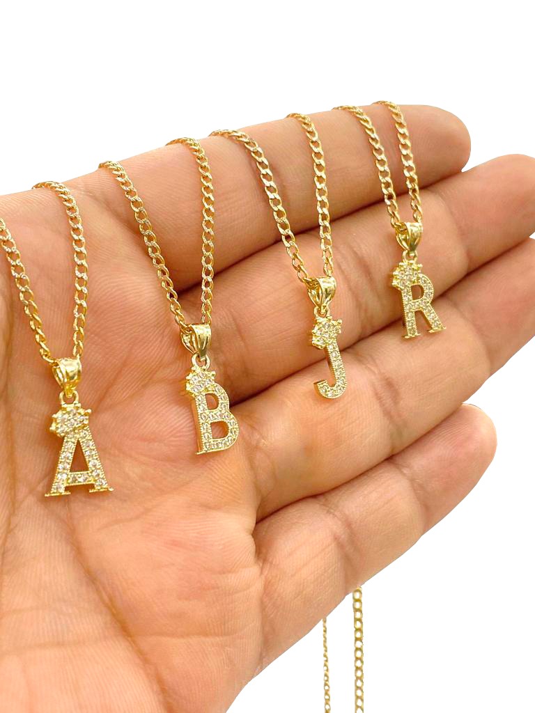 14K Yellow Gold CZ Initials Letters Pendant Charm Necklace Cuban Chain Baby Kids Jewelry Nameplate